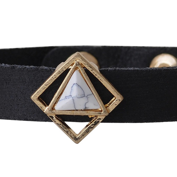Triangle White Marble Stone Leather Wrap Bracelet Black - Picture 2 of 2